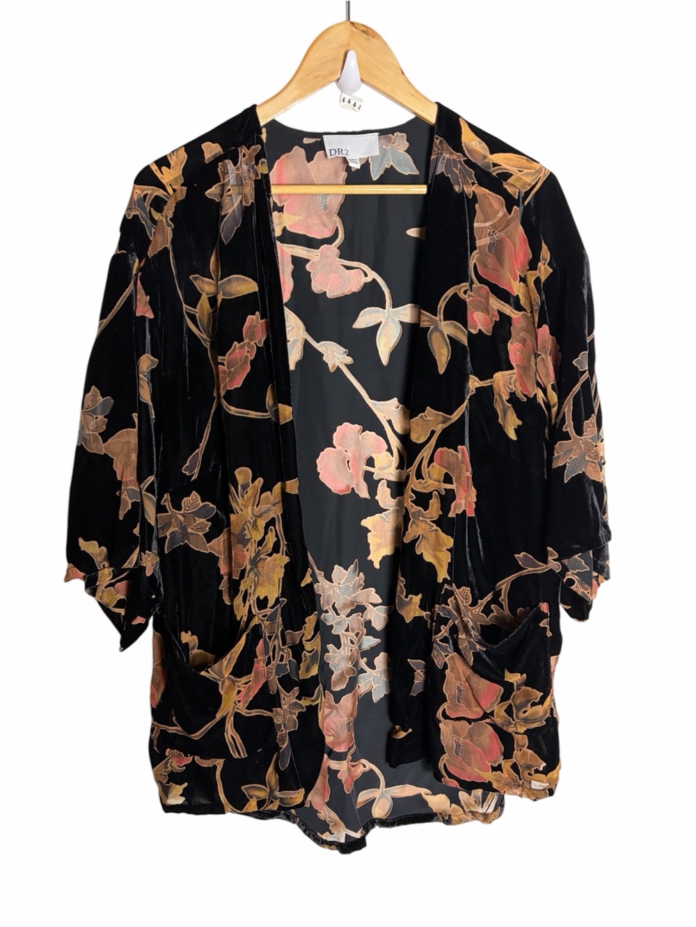 Pink & black velvet burn out floral  cardigan blouse with pockets size 0X/1X